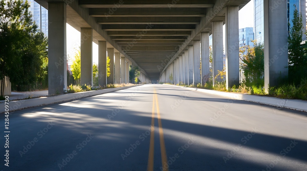 Aufkleber Serene View of Underpass Road Surrounded by Lush Greenery and Tall Structures : Generative AI