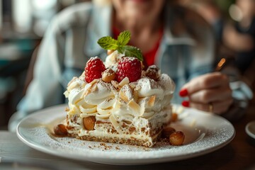Delicious layered cake topped with cream, raspberries, and mint, perfect for dessert lovers.