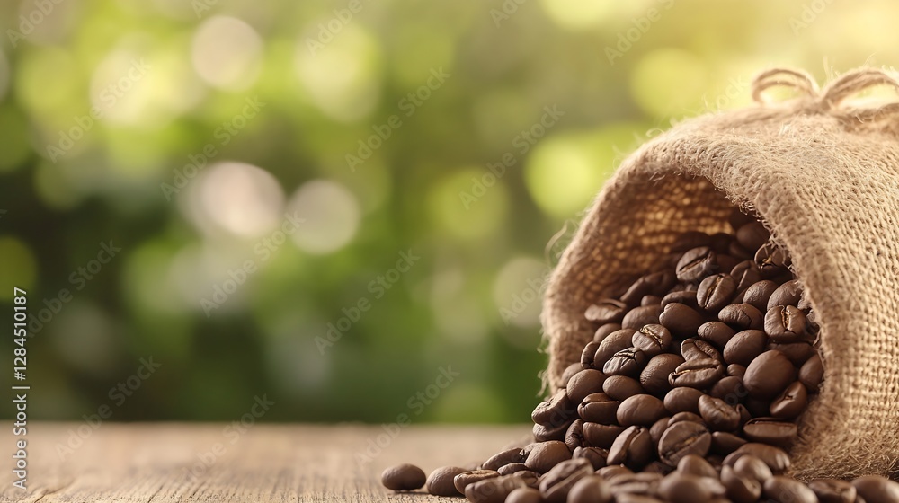 Poster coffee beans spilling from a burlap sack on wooden table with blurred background highlighting natura