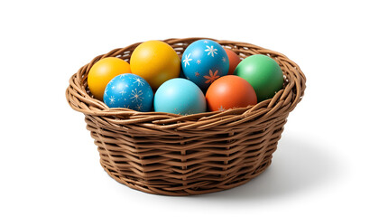 a basket full of colorful Easter eggs. Each egg is unique, and their colorful patterns create a cheerful and festive mood, symbolizing the joy of spring.
