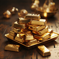 stack of gold bars and gold coins Gold Bars on a Tray