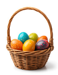 a basket full of colorful Easter eggs. Each egg is unique, and their colorful patterns create a cheerful and festive mood, symbolizing the joy of spring.