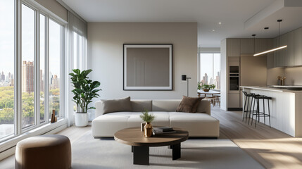 Fototapeta premium Sleek Urban Apartment Living Room Showcasing a Frame Mockup Surrounded by Minimalist Decor, Neutral Tones, and Contemporary Furniture Pieces