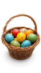 a basket full of colorful Easter eggs. Each egg is unique, and their colorful patterns create a cheerful and festive mood, symbolizing the joy of spring.