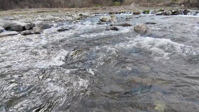 Shot of stream of water. Beautiful view of flowing river water Aswani Khad (river) in sloan Himachal Pradesh.