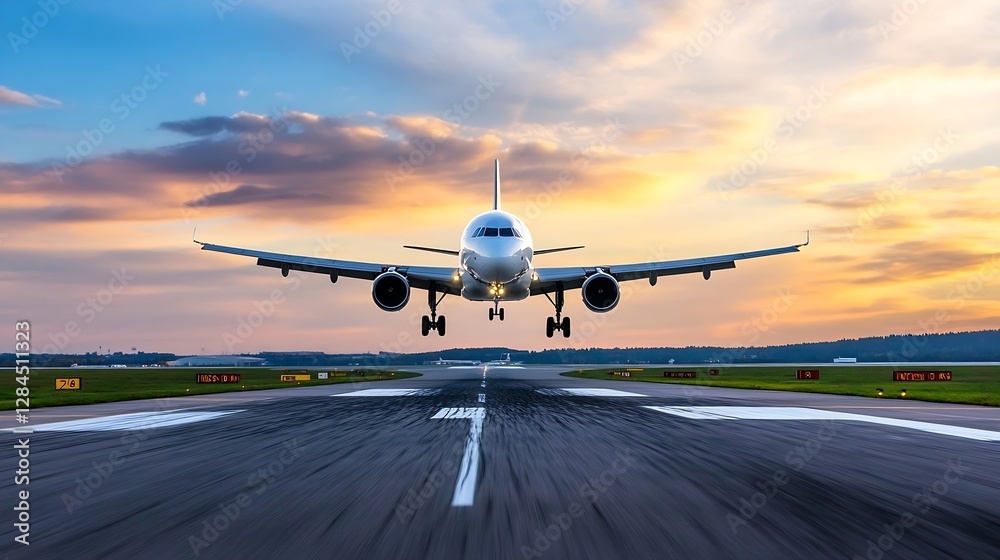 Poster commercial airplane in flight with captivating sunset sky as it approaches landing on travel journey