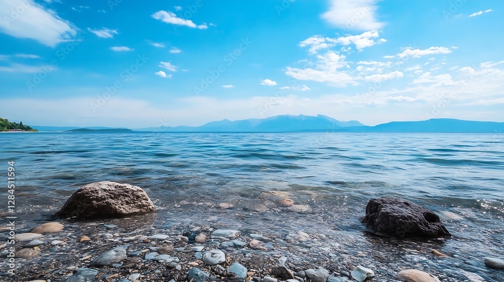Poster clear blue lake with pebbles in the foreground and mountains in the distance : generative ai