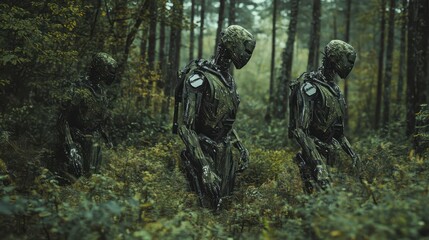 Futuristic humanoid robots exploring dense forest