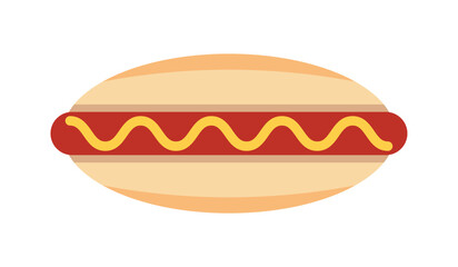 Hot dog with sausage, bread and mustard. A traditional fast food street dish for a quick snack. Hot-dog Vector illustration isolated on a white background for menu, restaurant, print and web, EPS 10.