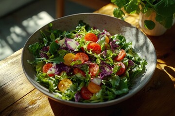 Appetizing fresh garden salad with assorted vegetables such as kale and tomatoes, served in a black bowl on a wooden table.