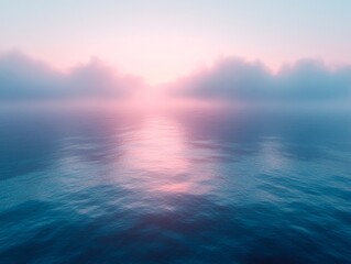 Fototapeta premium A calm sea surface with gentle waves, deep blue water lightening towards the horizon, a soft mist blending with the sky, creating a smooth transition between sea and sky