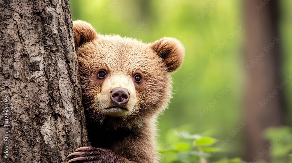 Poster cute brown bear peeking from behind a tree in a lush green forest setting : generative ai