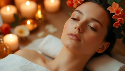 Aromatherapy in beauty treatments: A woman relaxing during an aromatherapy treatment with essential oils, surrounded by candles and flowers creating an atmosphere of tranquility.