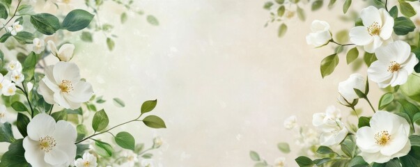 Fototapeta premium Beautiful white floral border with green leaves on soft background