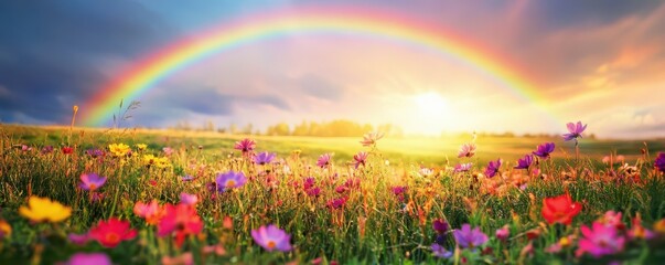 Vibrant rainbow over colorful wildflower field at sunset