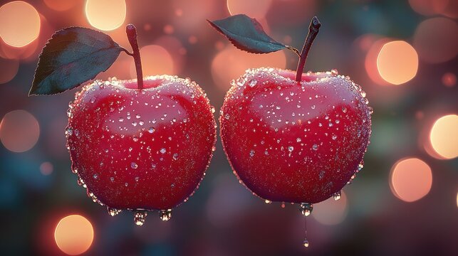 Two dewy red apples with water droplets, hanging, bokeh background