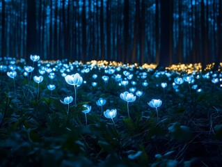 glowing blue flowers, forest night, warm light, magical ambiance