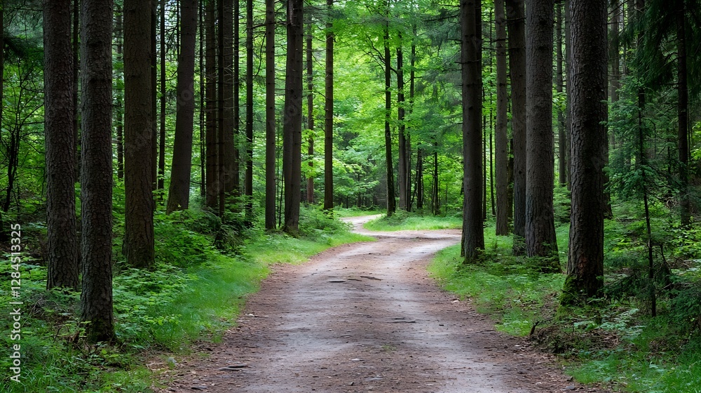 Poster Serene winding path through a vibrant green forest inviting exploration and tranquility : Generative AI