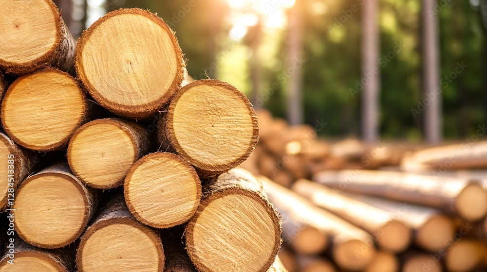 Poster freshly cut logs stacked in a sunlit forest with soft background : generative ai