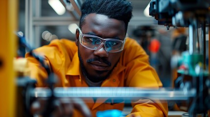 Focused worker in protective gear assembling machinery in a modern factory environment.