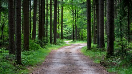 Fototapeta premium Serene winding path through a vibrant green forest inviting exploration and tranquility : Generative AI