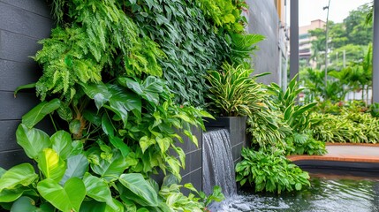 Garden greenery walls create an eco-friendly landscape. Lush green plants with a water feature in an urban setting.