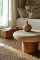 Minimalist round woven ottoman with smooth lines, organic forms, natural wood, retro elegance, and warm earth tones, highlighting craftsmanship Generative AI