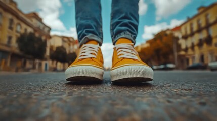Urban feet in yellow sneakers on city street