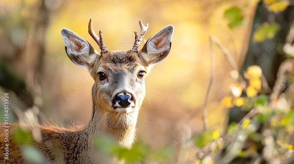 Poster closeup of a curious young deer surrounded by autumn foliage in a beautiful forest setting : generat