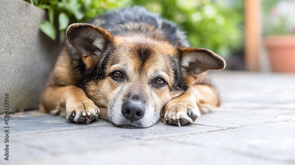 Poster Closeup portrait of a sadeyed dog resting on the patio with a gentle expression : Generative AI