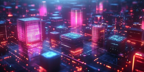 Fototapeta premium Futuristic Cityscape, Neon Lights, Abstract Architecture, Cyberpunk Style