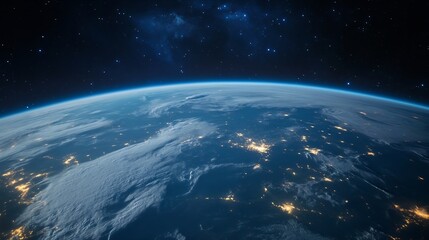 Fototapeta premium Stunning view of Earth from space showcasing blue oceans and bright city lights at night : Generative AI