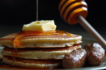 Delicious breakfast plate featuring pancakes, sausage links, and maple syrup drizzled on top.