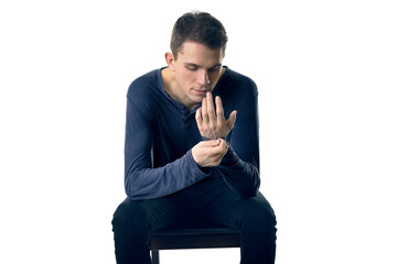 man portrait close up on white studio background with hands high near head while look to camera and be depressed, worried and thoughtful