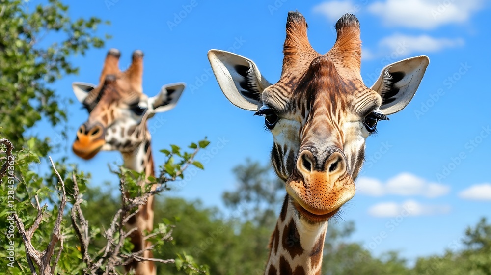 Poster Closeup portrait of a curious giraffe standing among the foliage with another giraffe in the background : Generative AI