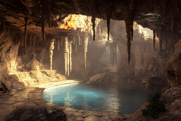 Obraz premium Tranquil Cave: A Hidden Sanctuary of Silence and Natural Beauty, Offering a Peaceful Escape with Reflective Pools and Majestic Rock Formations