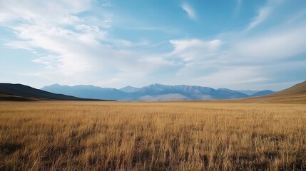 Vast expansive grassy field under a beautiful blue sky with distant mountains providing a stunning backdrop : Generative AI