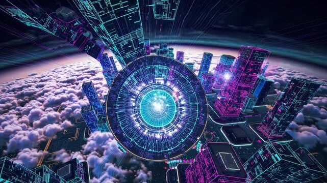 Giant futuristic portal hovers above the clouds surrounded by neon-lit cyber buildings in space.