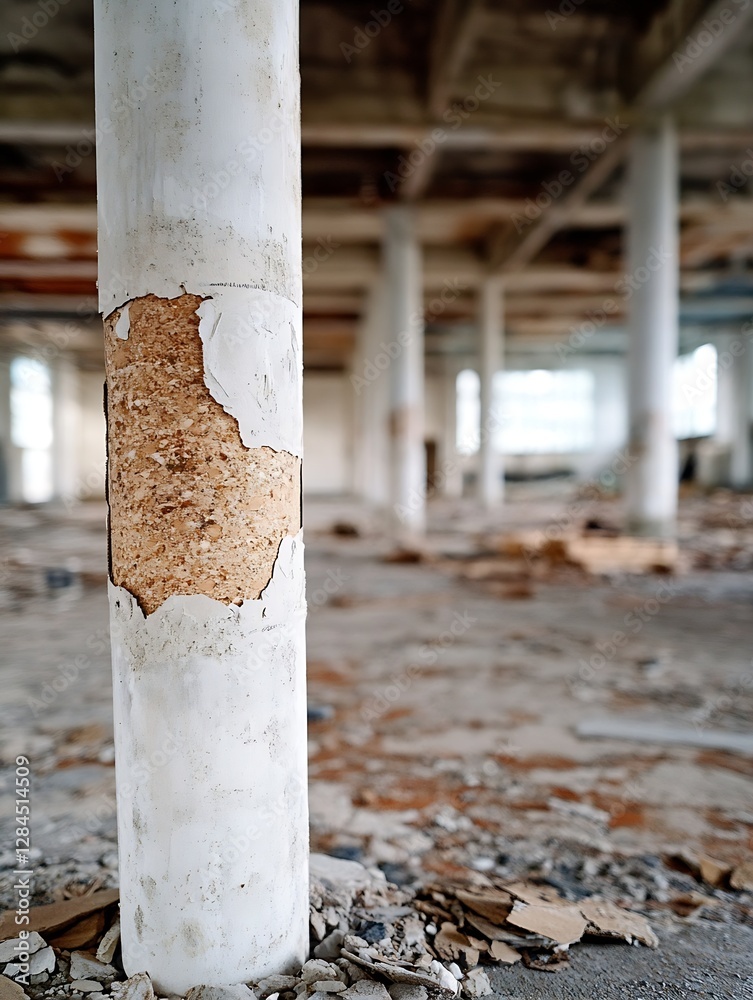 Aufkleber close up view of a weathered concrete pillar in a derelict building interior : generative ai