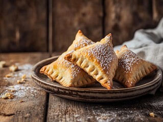Close up of sugar dusted pastries on wooden table.