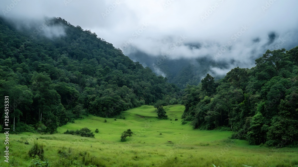 Aufkleber lush green landscape in mountainous region with misty clouds creating a serene natural environment :