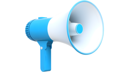 A blue megaphone designed for amplifying sound, featuring a streamlined shape and a sturdy handle.