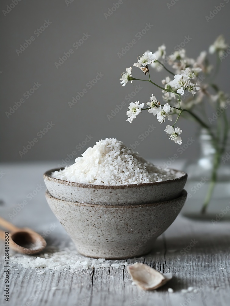 Poster beautifully arranged bowl of white powder with delicate flowers on a rustic table setting : generati