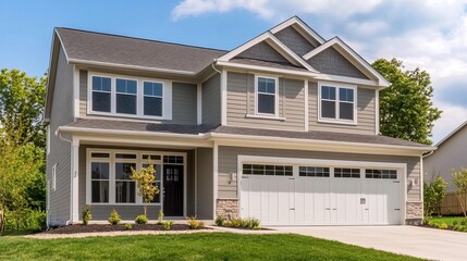Fototapeta premium Beautiful Two Story House Exterior Modern Gray Home Design Suburban Family Residence Dream Home Real Estate Property New Construction Home Exterior 