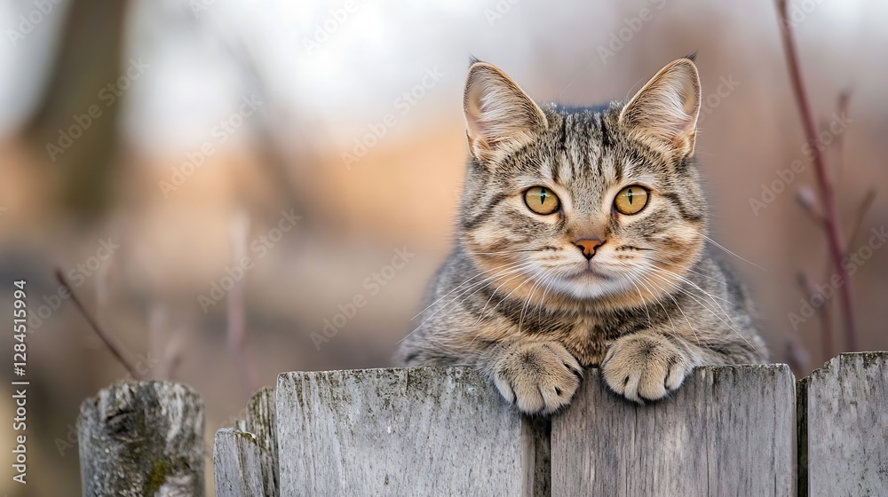 Aufkleber adorable tabby cat peeking over a rustic wooden fence with curious expression : generative ai