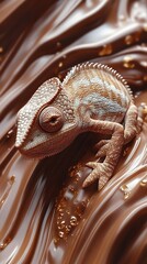 A chameleon rests on a chocolate or caramel colored surface