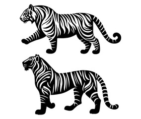 Black and white tiger set vector silhouette on a white background