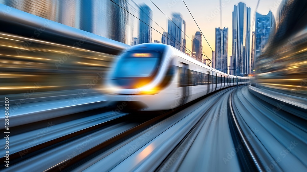Poster dynamic motion blur of a speeding train capturing urban energy at dusk : generative ai