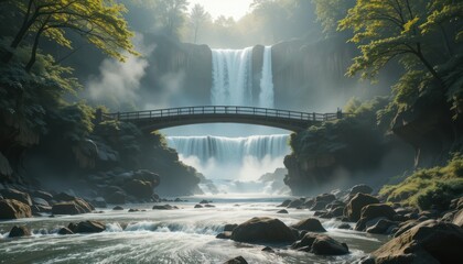 scenic tourist waterfall with a wooden bridge arching over a rocky river