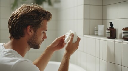 A man with thinning hair applying a hair thickening mousse in a clean bathroom. Featuring hair care and growth